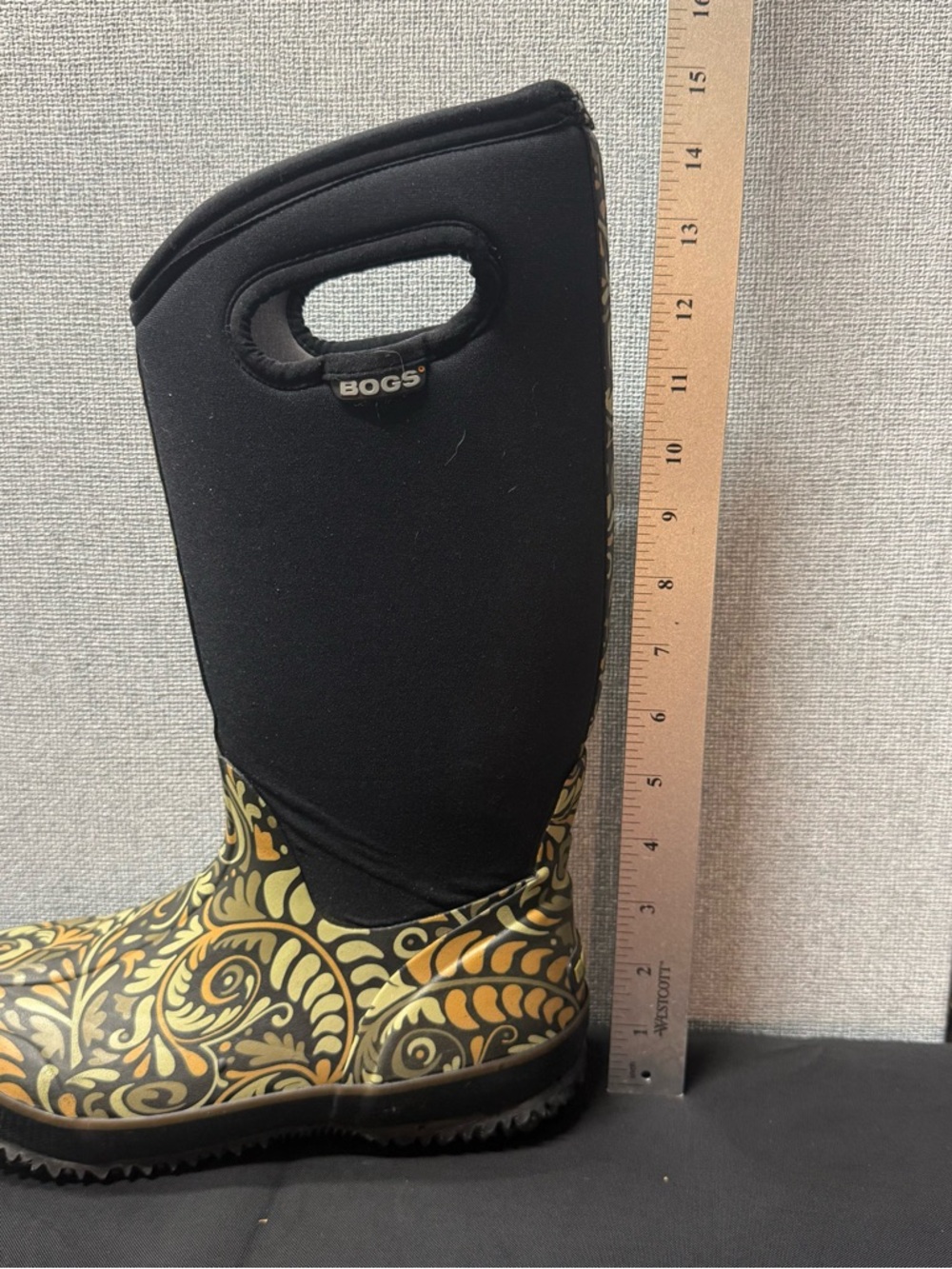 Bogs Black Tall Rain Boots with Olive and Gold Scroll Design - Picture 10 of 11